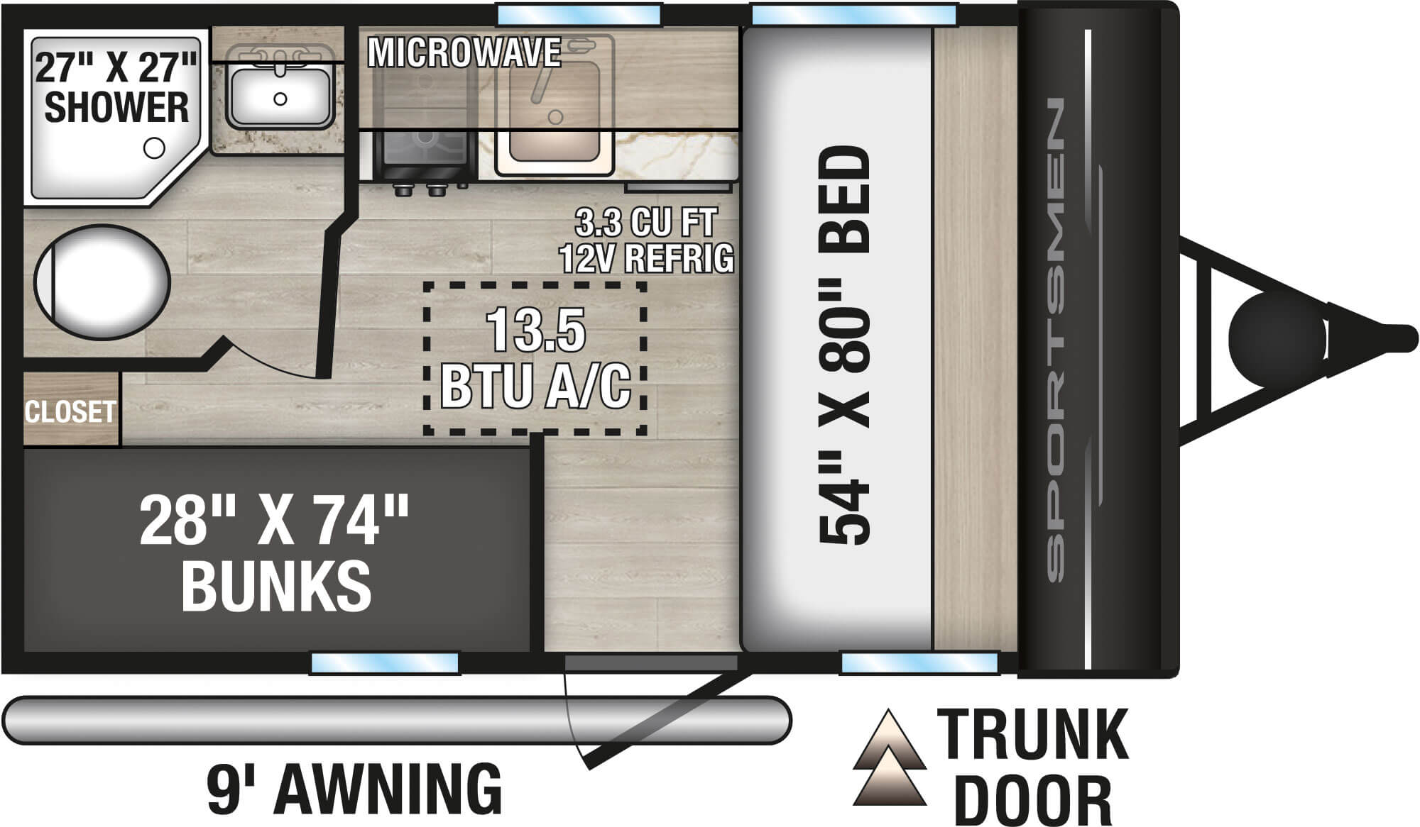 Floorplan diagram for 2027 KZ Sportsmen Classic 130BH
